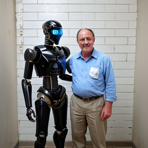 benevolent robot standing next to a corrupt politician