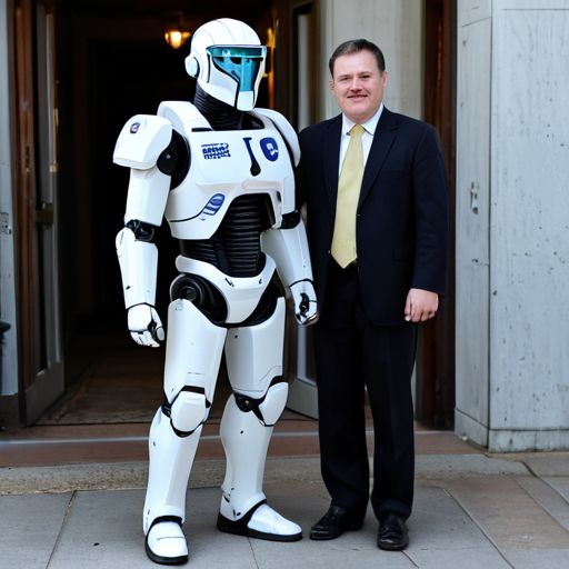 benevolent robot standing next to a corrupt politician